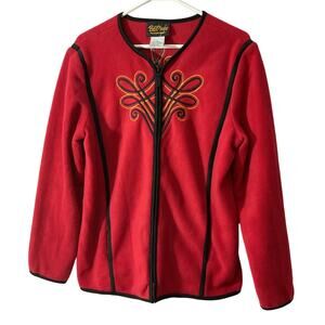 Bob Mackie Wearable Art Small Fleece Jacket Womens Embroidered Full Zip Red